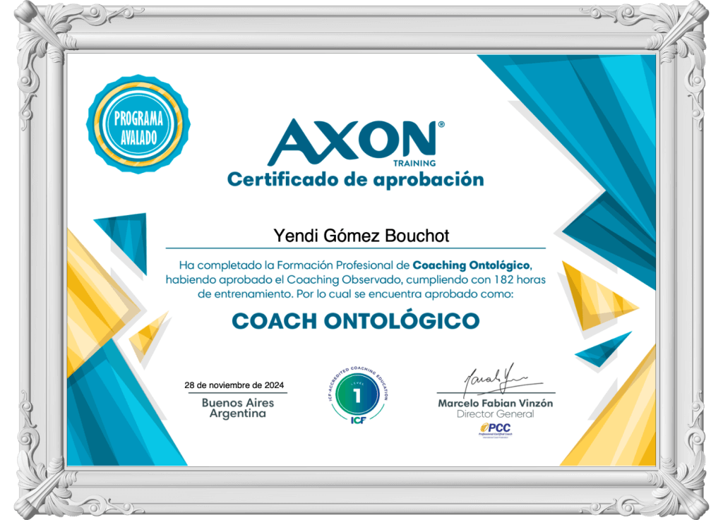 Certificado de Yendi como Coach Ontológico por Axon Training