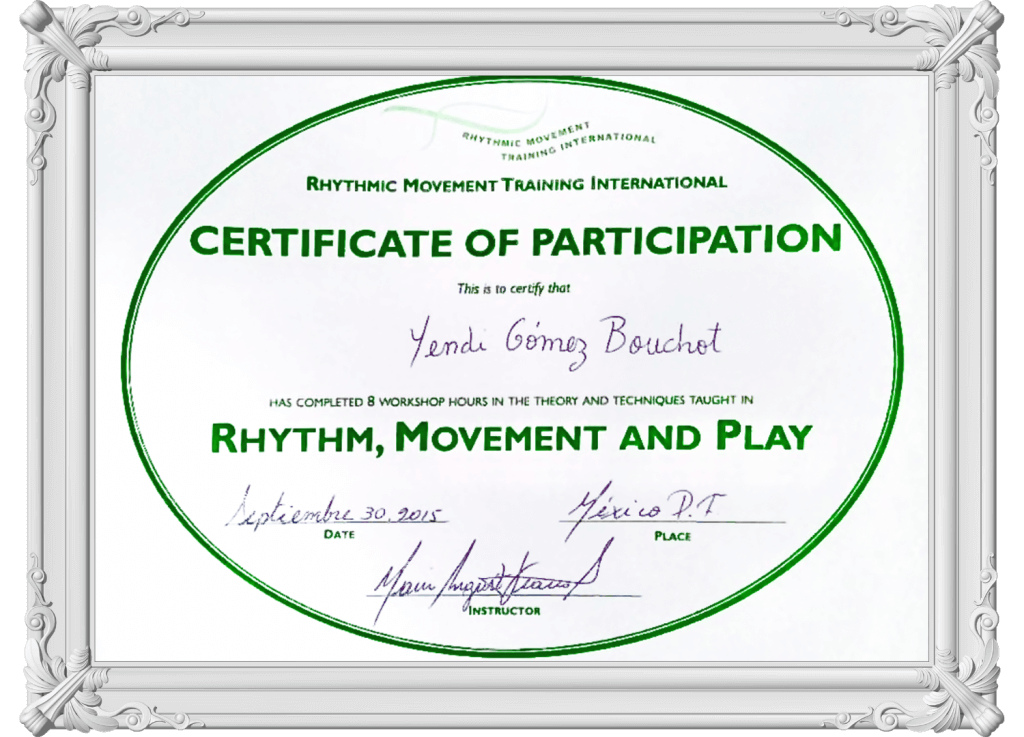 Certificado de participación para Yendi en el seminario "ritmo, movimiento y juego".